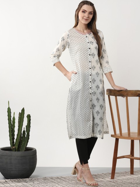 

Sangria Women White & Black Printed Straight Kurta