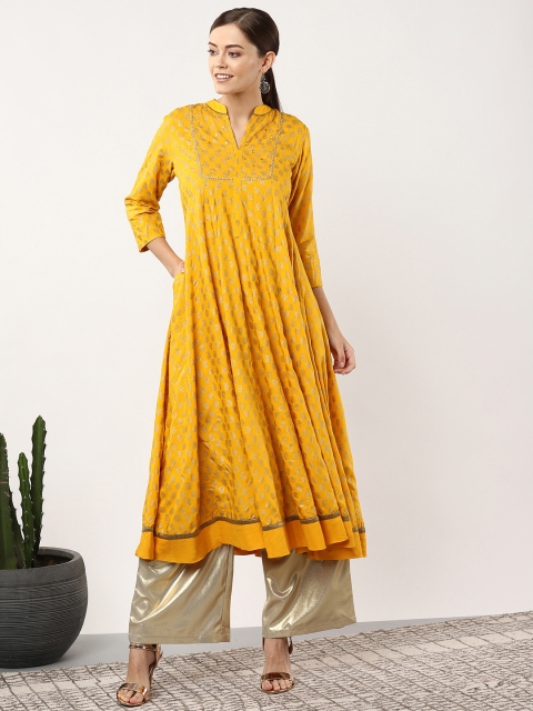 

Sangria Women Mustard Yellow & Golden Printed Anarkali Kurta