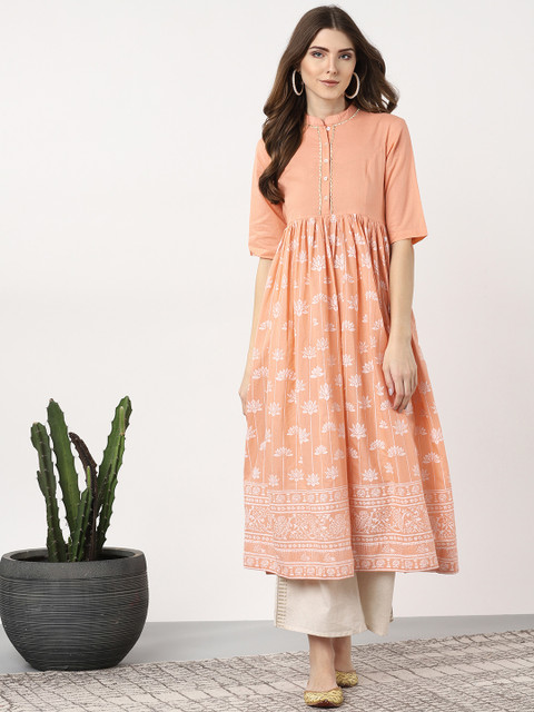 

Sangria Women Peach-Coloured & White Printed Anarkali Kurta