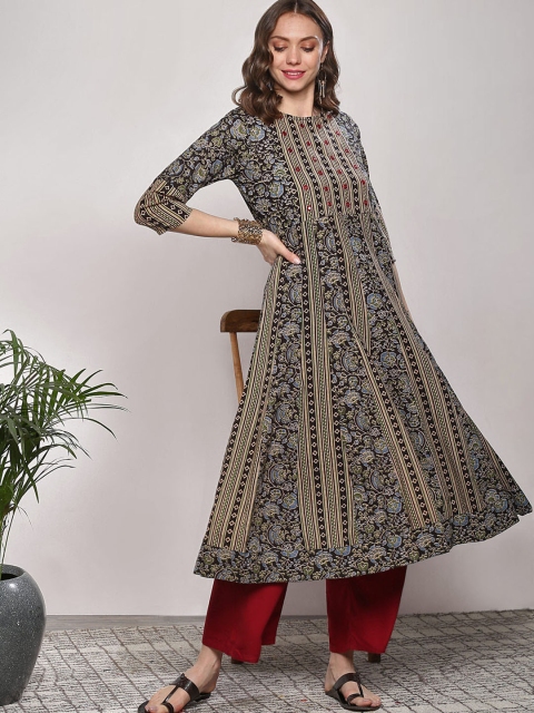 

Sangria Women Black Floral Printed A-Line Kurta