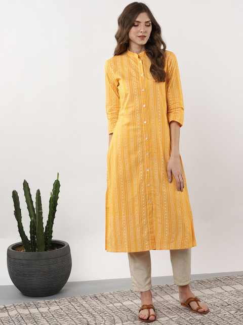 

Sangria Women Yellow & White Striped Straight Kurta