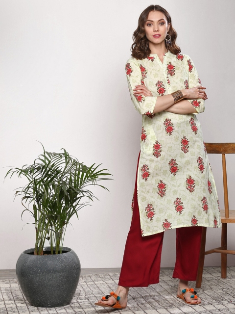 

Sangria Women Cream-Coloured & Rust Orange Printed Straight Kurta