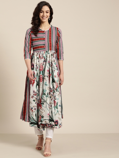 

Sangria Women White & Green Floral Printed Anarkali Kurta