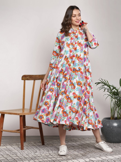 

Sangria Women White & Pink Printed A-Line Dress
