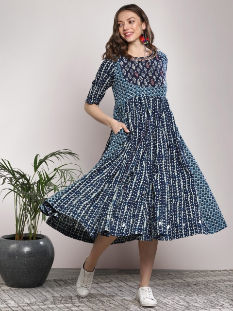 

Sangria Women Navy Blue & White Printed Fit & Flare Dress