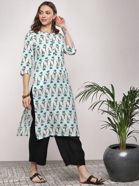 

Sangria Women White & Green Floral Print Straight Kurta