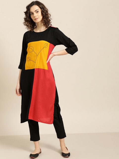 

Sangria Women Black & Mustard Yellow Colourblocked Straight Kurta
