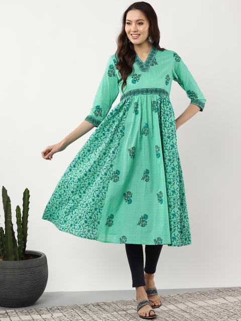 

Sangria Women Green & Blue Floral Printed A-Line Kurta