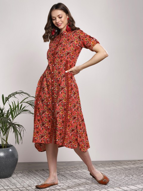 

Sangria Women Coral Red & Green Printed Midi Shirt Dress