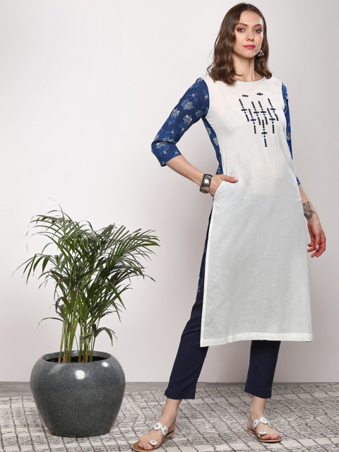 

Sangria Women White & Blue Printed Straight Kurta