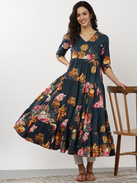 

Sangria Women Navy Blue & Mustard Yellow Floral Printed A-Line Tiered Kurta