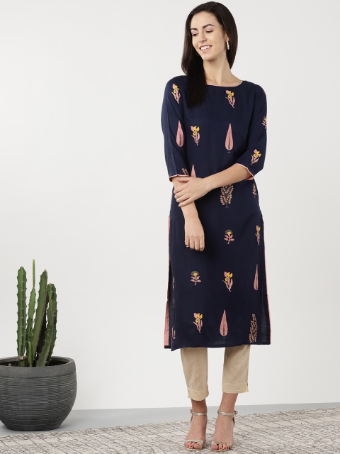 

Sangria Women Navy Blue & Pink Printed Straight Kurta