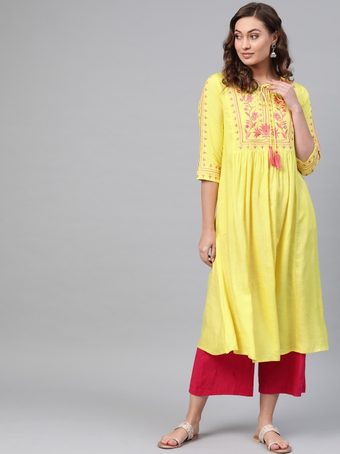 

Sangria Women Yellow & Pink Yoke Design A-Line Kurta