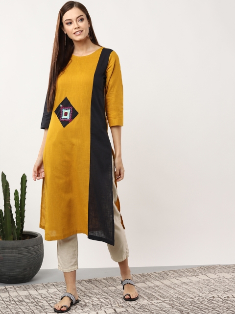 

Sangria Women Mustard Yellow & Black Colourblocked Straight Kurta