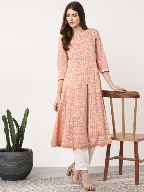 

Sangria Women Peach-Coloured & White Printed A-Line Kurta