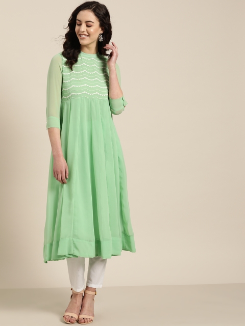 

Sangria Women Green & White Yoke Design A-Line Kurta
