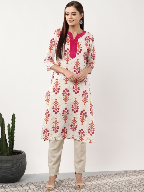 

Sangria Women Off-White & Pink Printed Straight Kurta