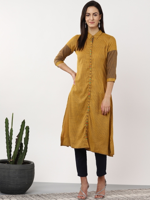 

Sangria Women Mustard Yellow & Grey Yarn Dyed Striped A-Line Kurta