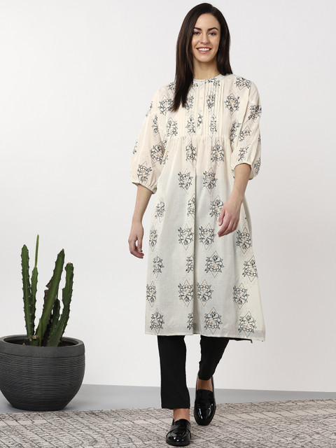 

Sangria Women Off-White & Black Floral Printed A-Line Oversized Kurta