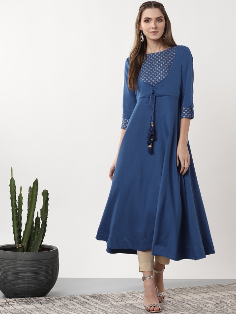 

Sangria Women Blue & Golden Yoke Design A-Line Kurta