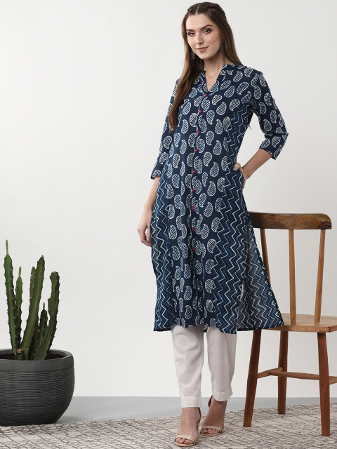 

Sangria Women Navy Blue & Off-White Printed Straight Kurta