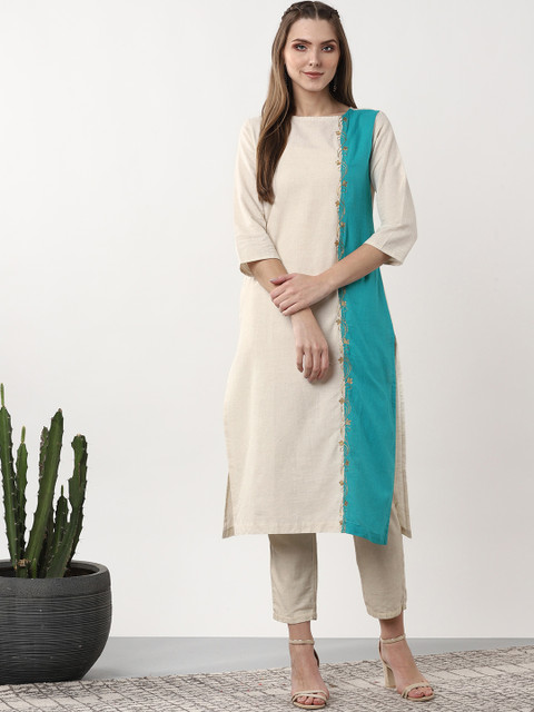 

Sangria Women Off-White & Blue Colourblocked Straight Kurta