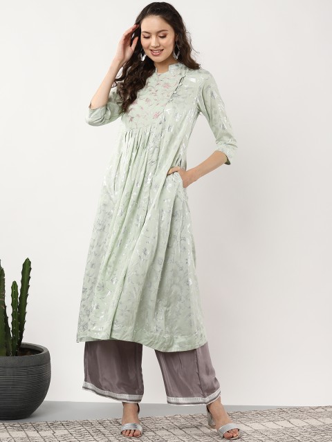 

Sangria Women Sea Green & Silver Printed Angrakha A-Line Kurta