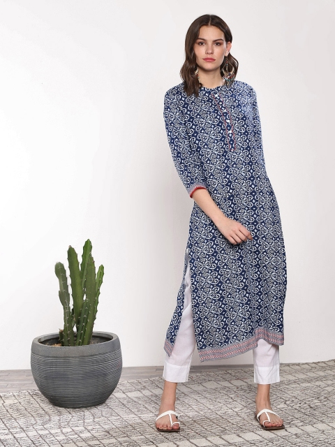 

Sangria Women Navy Blue & White Indigo Printed Straight Kurta