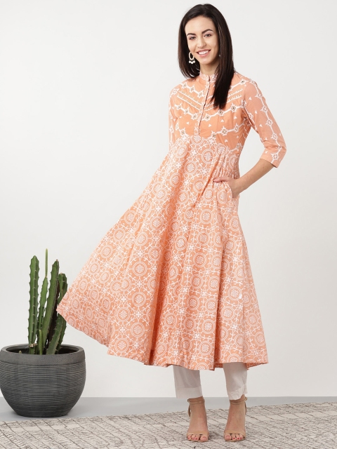 

Sangria Women Peach-Coloured & White Printed Empire Anarkali Kurta