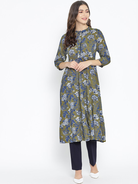 

Sangria Women Olive Green & Navy Blue Floral Printed A-line Kurta