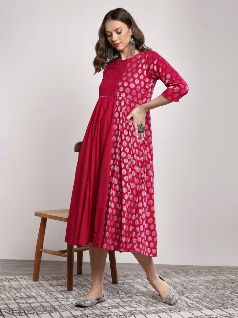 

Sangria Women Fuchsia & Silver Woven Design Fusion Empire Dress