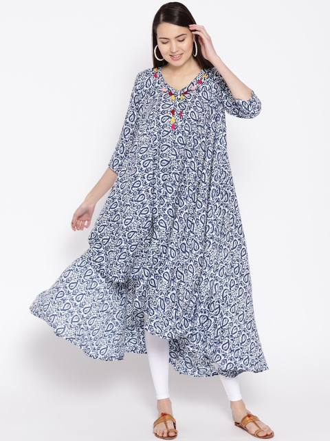 

Sangria Women Off-White & Navy Blue Printed A-Line Kurta