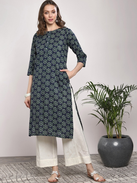 

Sangria Women Navy Blue & Green Printed Straight Kurta