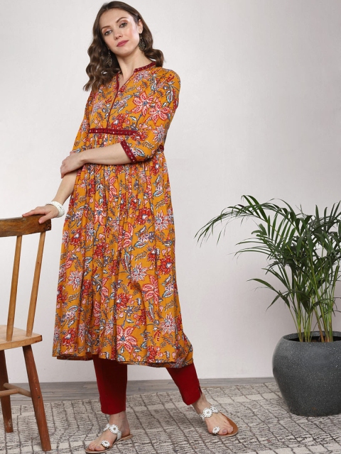 

Sangria Women Mustard Yellow & Red Floral Print Anarkali Kurta