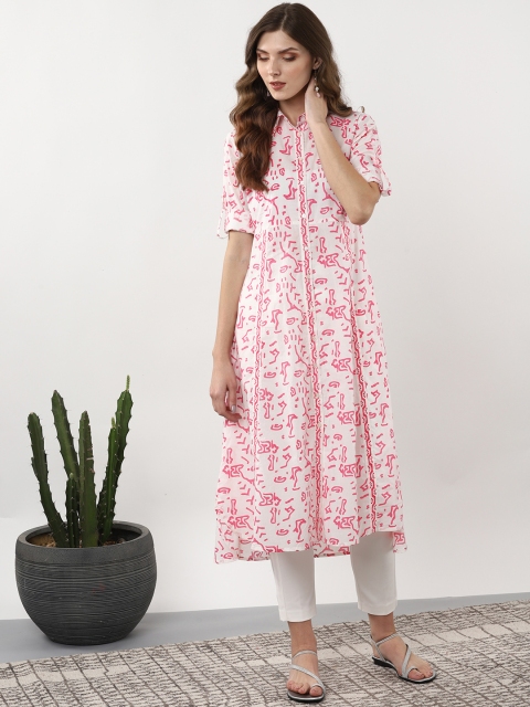 

Sangria Women White & Pink Printed A-Line Kurta