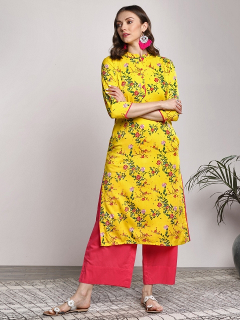

Sangria Women Yellow & Green Floral Print Straight Kurta