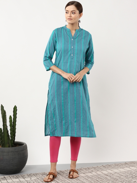 

Sangria Women Blue & Grey Striped Straight Kurta