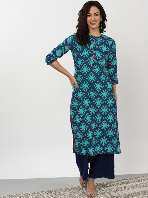 

Sangria Women Navy Blue & Green Printed Straight Kurta