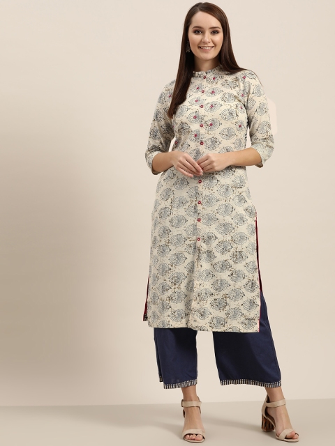 

Sangria Women Off-White & Navy Blue Printed Straight Kurta