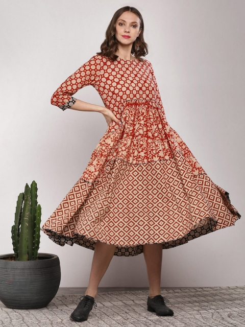 

Sangria Women Rust Orange & Off-White Printed Fusion A-Line Dress