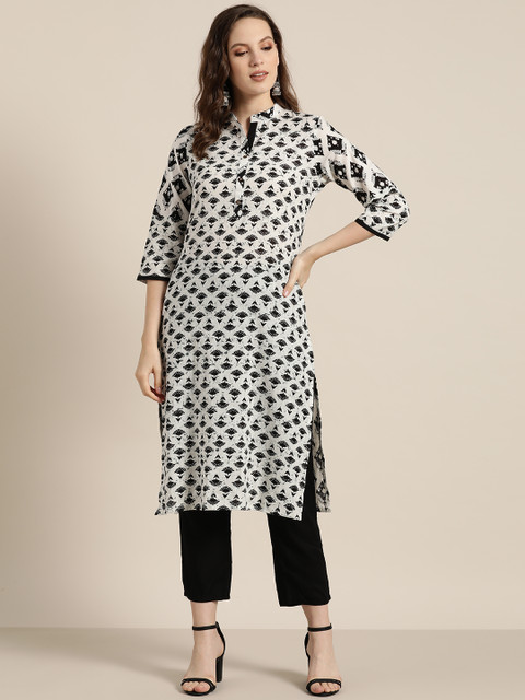 

Sangria Women White & Black Printed Straight Kurta