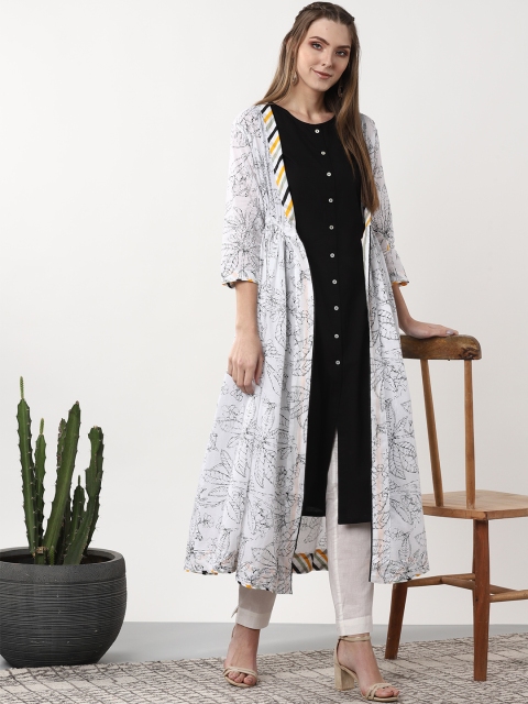 

Sangria Women White & Black Floral Printed A-Line Layered Kurta
