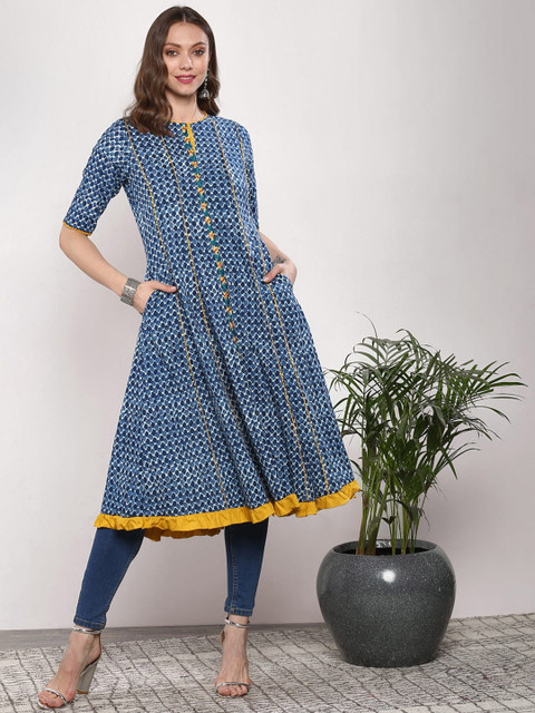 

Sangria Women Navy Blue Printed A-Line Kurta