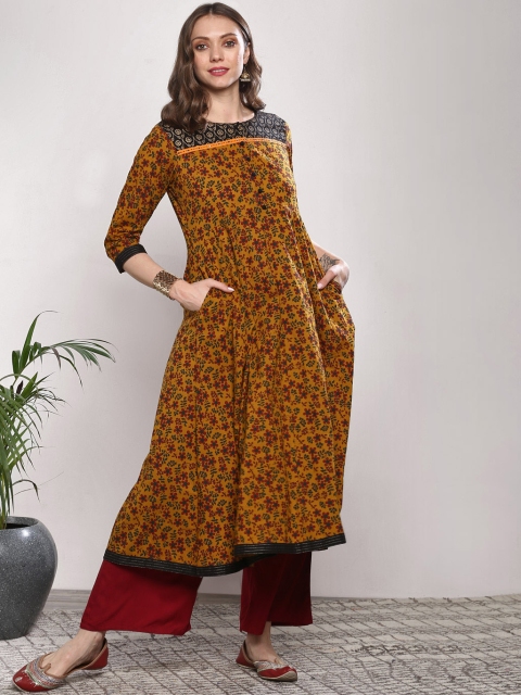 

Sangria Women Mustard Brown & Maroon Floral Printed A-Line Kurta