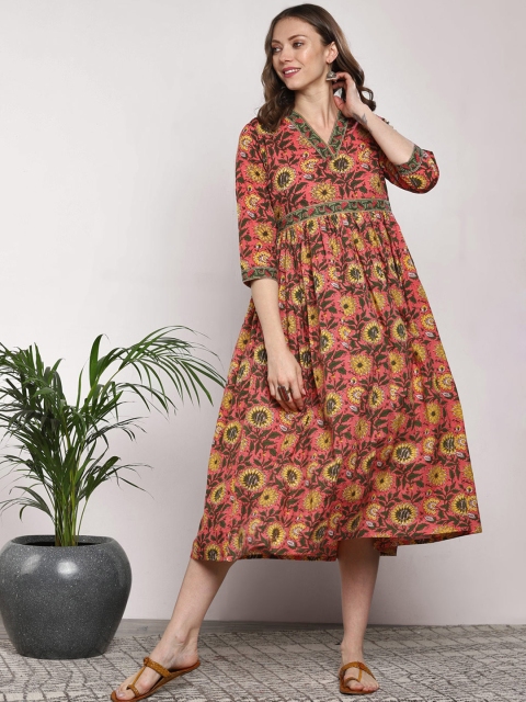 

Sangria Women Pink & Mustard Yellow Indie Floral Block Print Anarkali Kurta