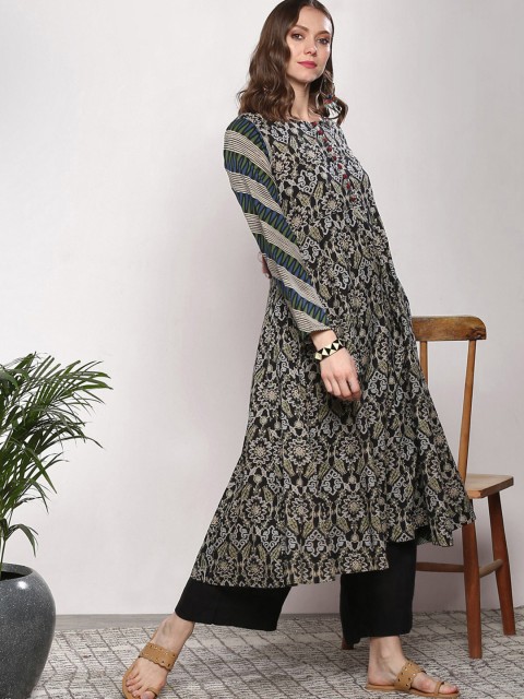 

Sangria Women Black & Olive Green Printed A-Line Kurta