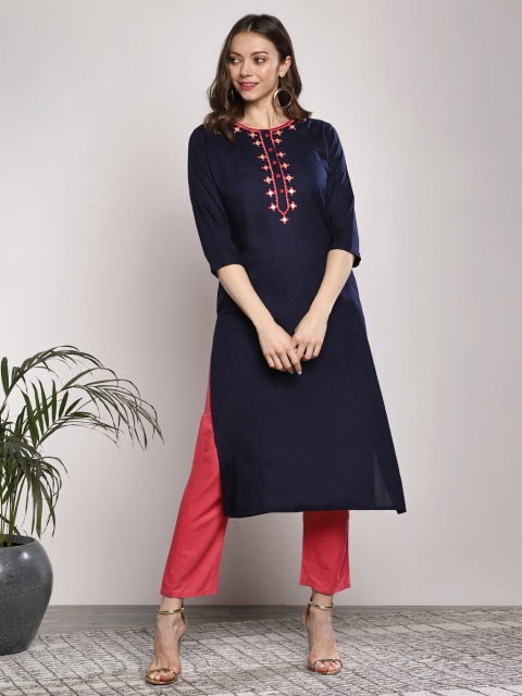 

Sangria Women Navy Blue Solid Straight Kurta