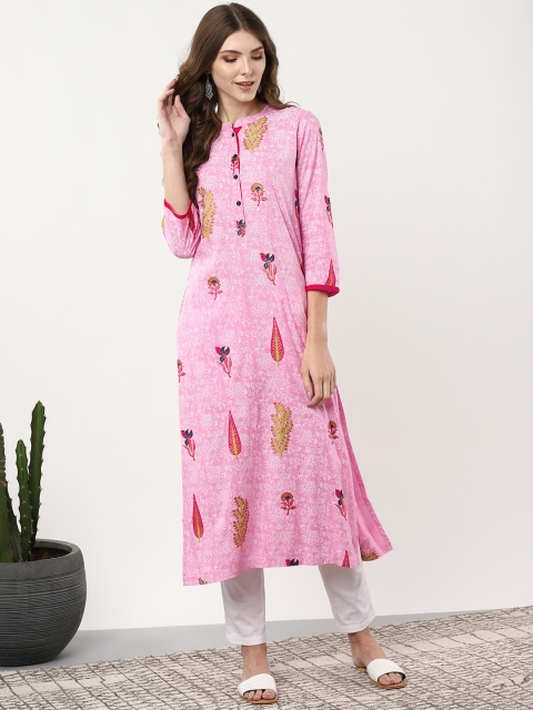 

Sangria Women Pink & White Printed Straight Kurta