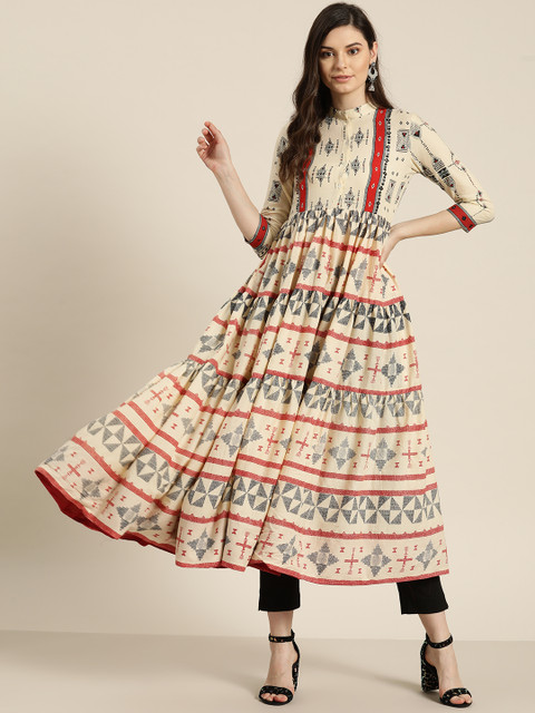 

Sangria Women Beige & Black Printed Tiered Anarkali Kurta