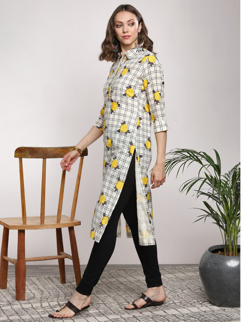 

Sangria Women Off-White & Black Floral Print Straight Kurta